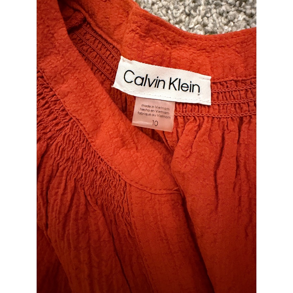 Calvin Klein Orange Textured Tiered V-Neck Midi Dress Womens 10 Short Sleeve - Picture 5 of 5